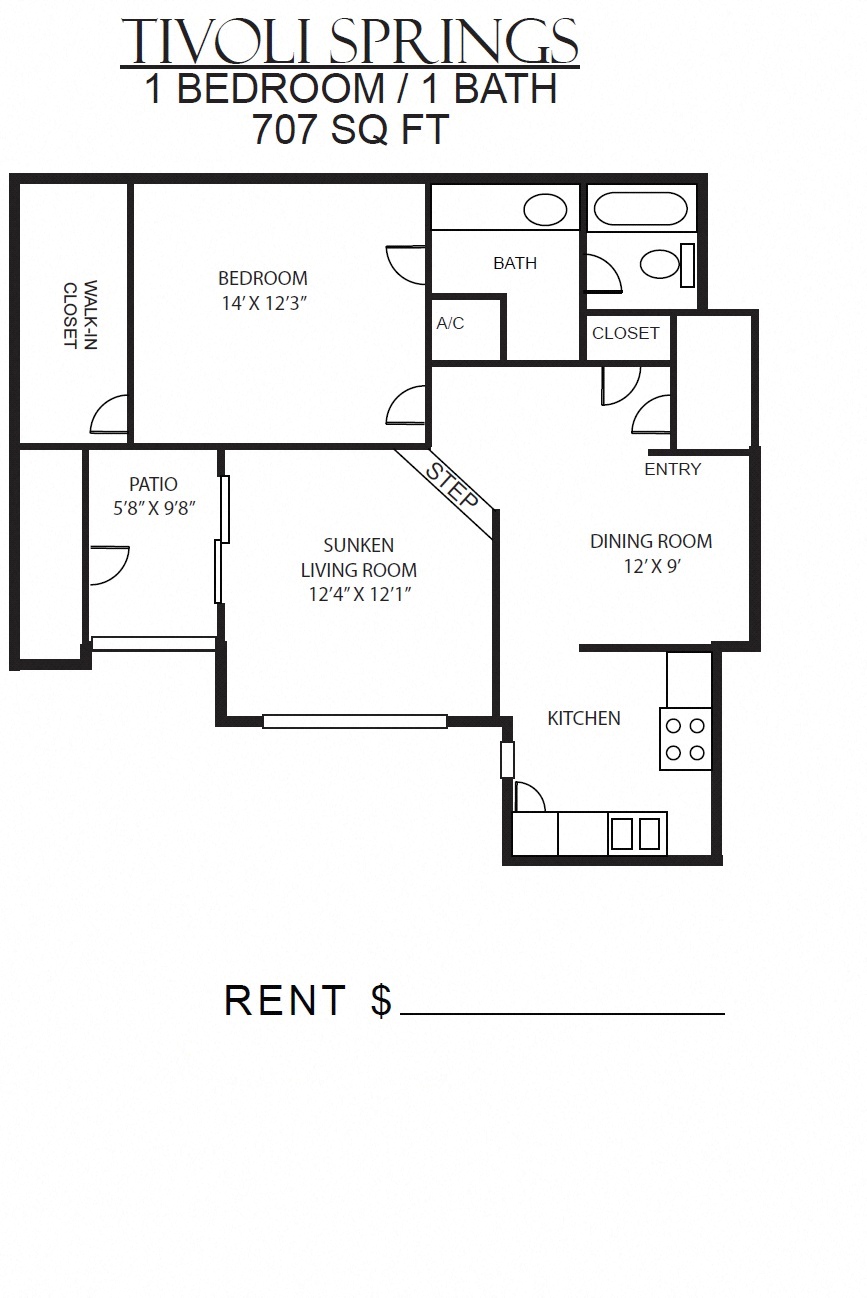 Floor plan for 1 bed, 1 bath, 707 sqft